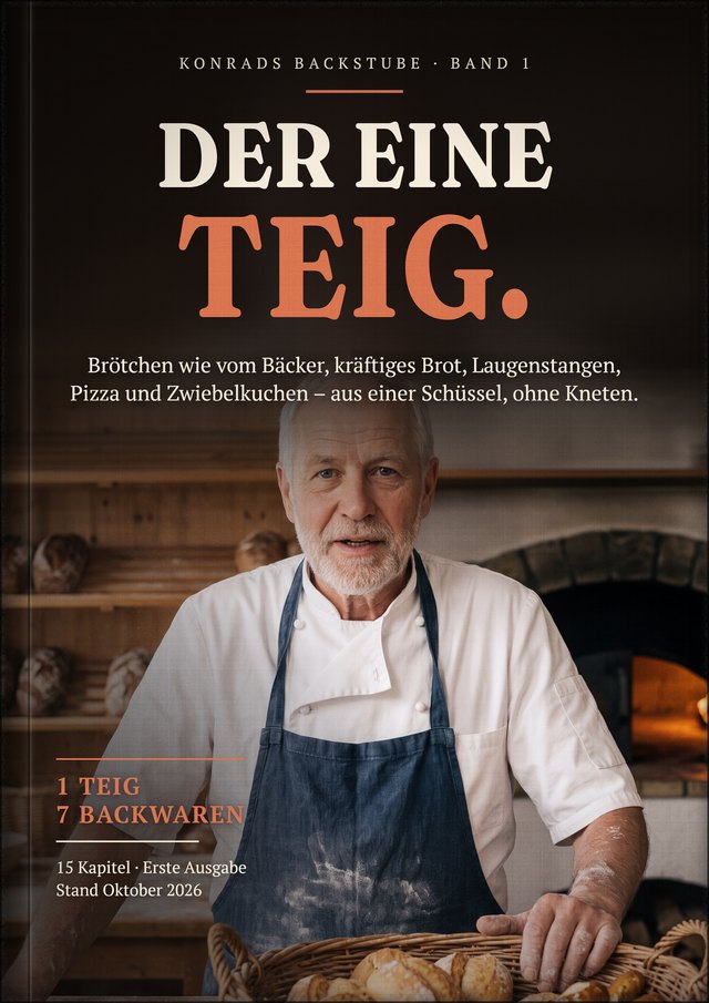 Buchcover Band 1: Der eine Teig. Konrad in seiner Backstube. 1 Teig, 7 Backwaren.