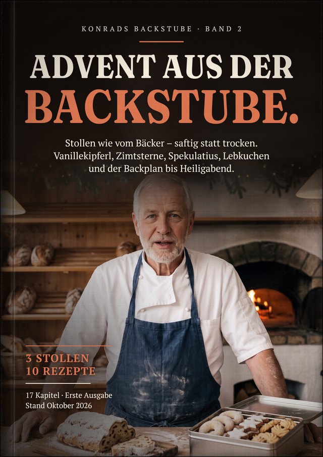 Buchcover Band 2: Advent aus der Backstube. Konrad mit Stollen und Plätzchendose.